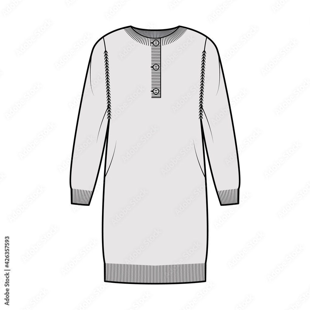Dress Sweater henley neck technical fashion illustration with long sleeves, relax fit, knee length, rib knit trim. Flat jumper garment apparel front, grey color style. Women, men, unisex CAD mockup Dress Sweater henley neck technical fashion illustration with long sleeves, relax fit, knee length, rib knit trim. Flat jumper garment apparel front, grey color style. Women, men, unisex CAD mockup