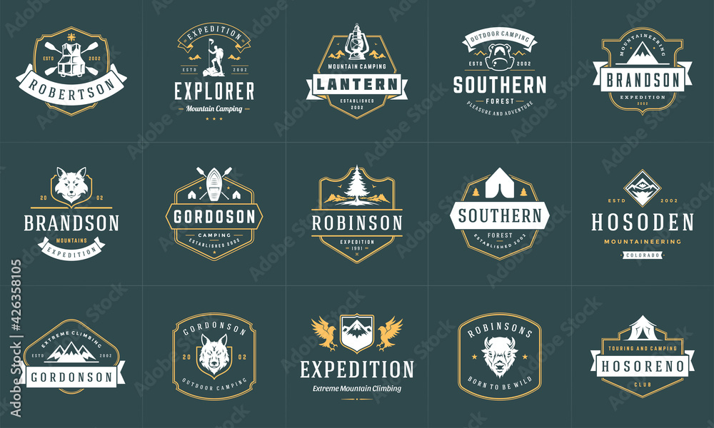 Obraz premium Camping logos and badges templates vector design elements and silhouettes set