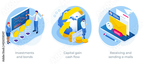 Isometric Investments and bonds, Capital gain cash flow, Receiving and sending e-mails. Business opportunity, financial adviser, startup launch, franchising, business venture, startUp, investment