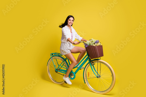 Fototapeta Naklejka Na Ścianę i Meble -  Full length photo of happy charming lady ride bicycle summer mood isolated on yellow color background