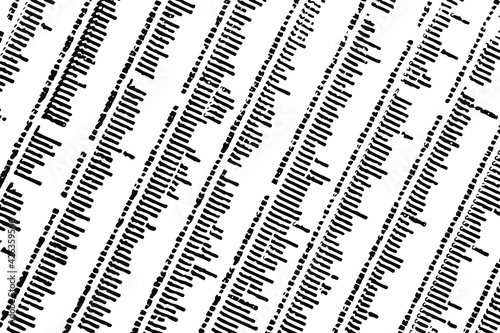The grunge texture of the printed list text arranged diagonally. An illegible printed list in a column diagonally. Vector illustration. Overlay template.