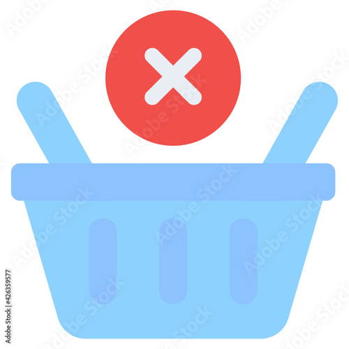 Basket with cross mark, flat design of shopping cancel