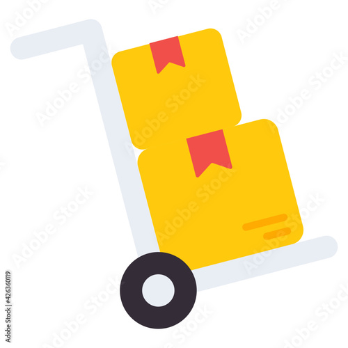 Cartons with handcart, flat design of luggage cart