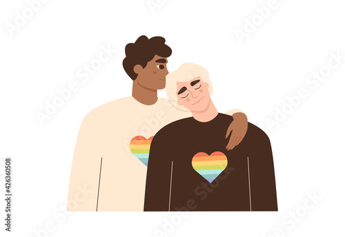 Happy gay couple together. Homosexual love, relationship or marriage. Gay rights, support and equality concept. Pride movement. LGBT activists characters. Isolated flat vector illustration