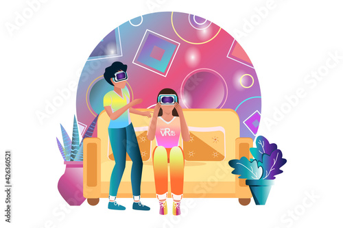 A girl and a guy in virtual reality glasses. Cartoon style. Used in web design for collages. Simple flat vector drawing. © Катерина S