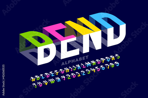 Bending 3D style font design, typography design, alphabet letters and numbers photo
