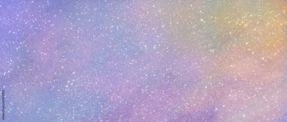 starry shining shiny purple lilac blue yellow light background with many stars. Cute festive background, sonova for design