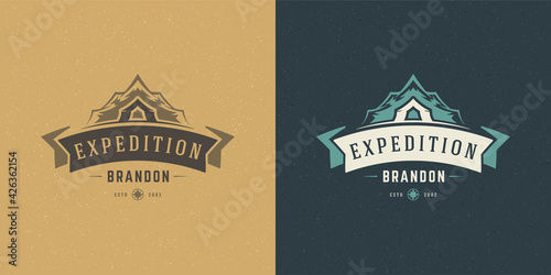 Mountains logo emblem outdoor adventure camping vector illustration mountain and tent silhouettes