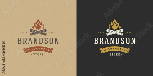 Campfire logo emblem vector illustration outdoor forest camping bonfire silhouette for shirt or print stamp