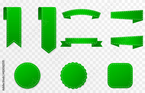 Set of green ribbons, price tags, discounts. Discount offer, sale with green ribbon png. Green shades on isolated transparent background.