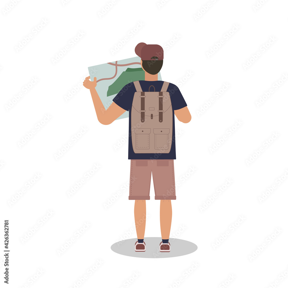 Vector illustration of a traveler character with a map and a backpack, view from the back. For the image of hiking, healthy lifestyle, goal.Flat