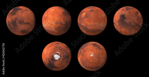 3D concept illustration of the planet mars from 4 sides plus top and bottom