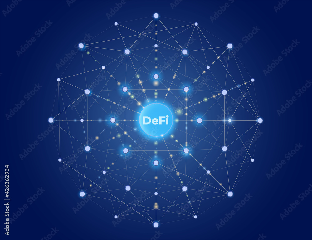 DeFi Decentralized Finance on dark blue background. Concept Art.