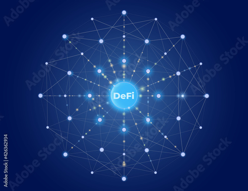 DeFi Decentralized Finance on dark blue background. Concept Art.
