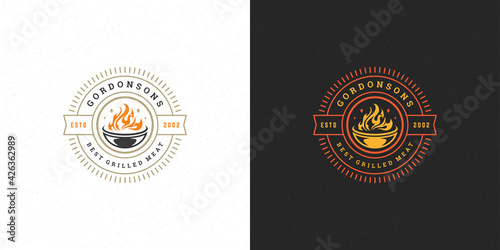 Barbecue logo vector illustration steak house or bbq restaurant menu emblem grill with bonfire silhouette
