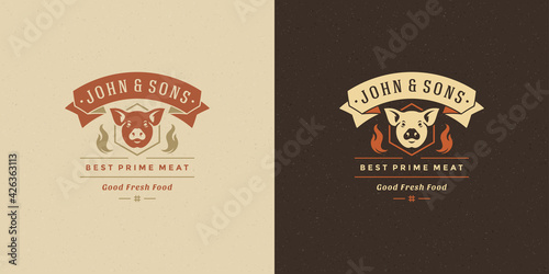 Barbecue logo vector illustration grill steak house or bbq restaurant menu emblem pig head silhouette