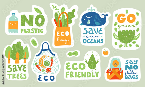 Ecological stickers. Collection of ecology stickers with slogans - no plastic, eco bag, save our oceans, save trees, eco friendly, say no to plastic bags. Bundle of bright vector design elements.