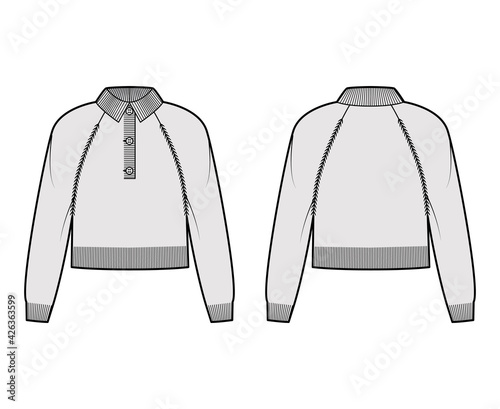 Cropped Polo Sweater technical fashion illustration with rib henley neck, collar, long raglan sleeves, relax fit, knit trim. Flat garment apparel front, back, grey color style. Women, men CAD mockup