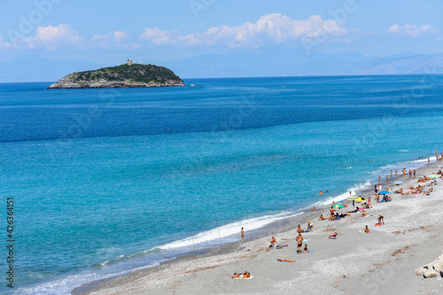 View of the large beach of Diamante, in the background the island of Cirella, Diamante, District of Cosenza, Calabria, Italy, Europe photo