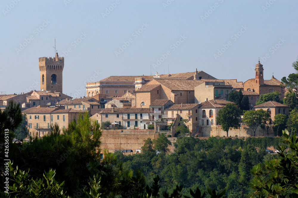 Recanati, Macerata district, Marche, Italy, Europe, view of the historic city center with on the left the Civic tower