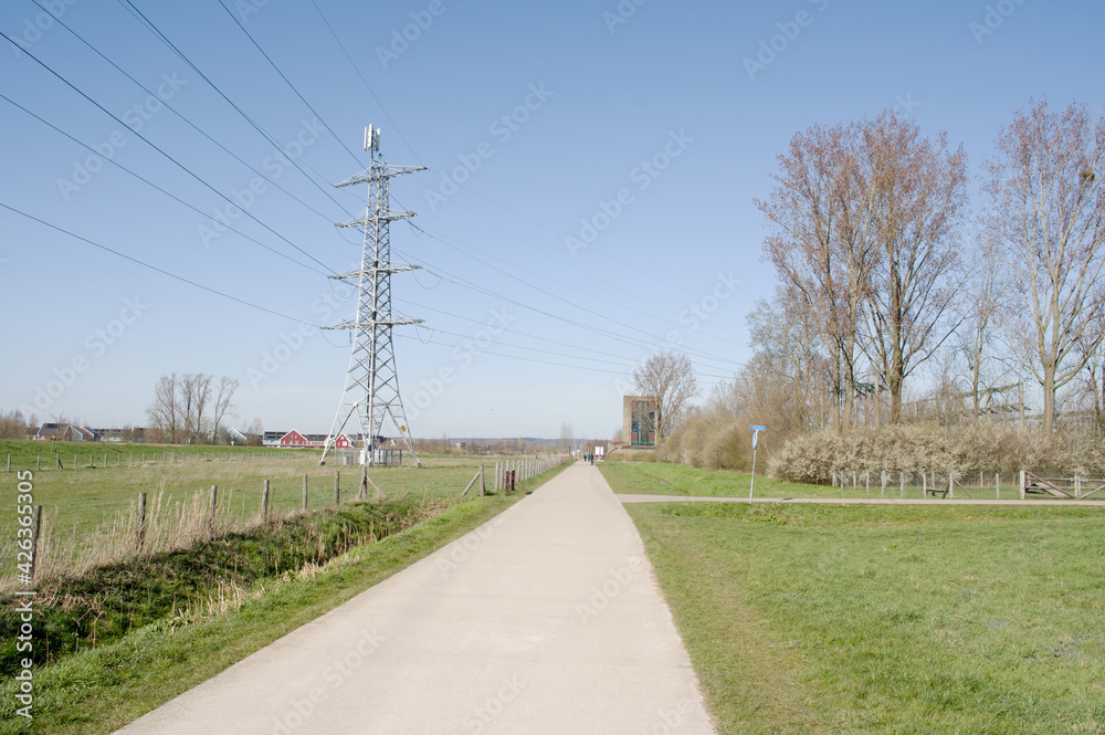 Electricity pylon for transporting electricity with cables to a substation in Arnhem in the Netherlands