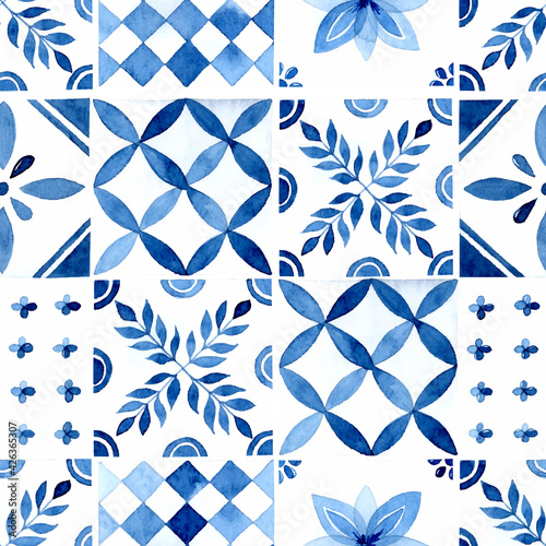 Rustic blue tile watercolor seamless pattern