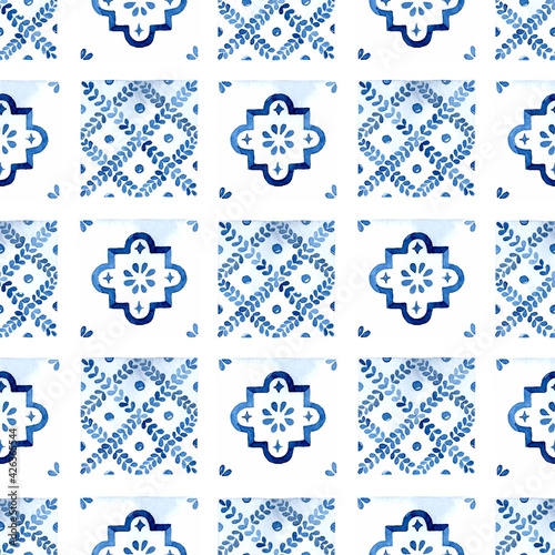 Watercolor blue azulejo tile seamless pattern