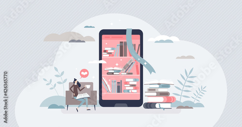 Online library and internet literature reading resource tiny person concept