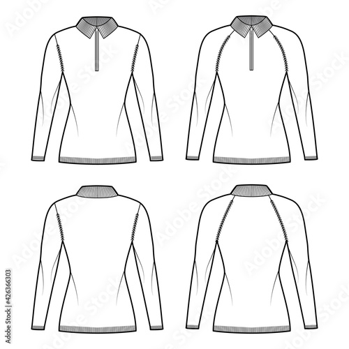 Set of Zip-up Sweaters technical fashion illustration with rib henley neck, classic collar, long raglan sleeves, fitted body, knit trim. Flat apparel front, back, white color. Women, unisex CAD mockup
