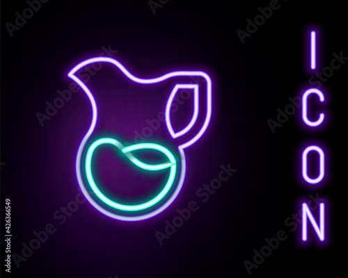 Glowing neon line Jug glass with milk icon isolated on black background. Kettle for milk. Glass decanter with drinking milk. Colorful outline concept. Vector