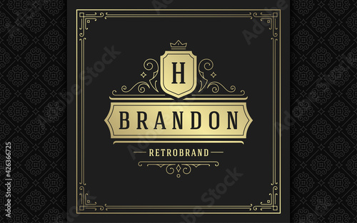 Vintage logo elegant flourishes line art graceful ornaments victorian style vector template design