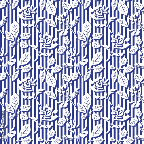 Blue Botanical Floral Seamless Pattern with striped Background