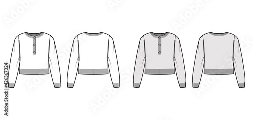 Sweater cropped henley neck technical fashion illustration with long sleeves, relax fit, rib knit trim. Flat jumper garment apparel front, back, white grey color style. Women, men, unisex CAD mockup