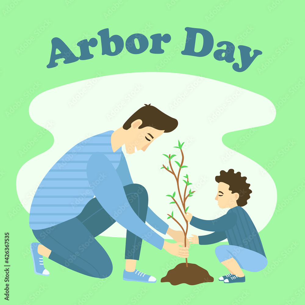 Fototapeta premium Arbor Day or Earth Day. Father and son planting tree. Vector flat cartoon illustration