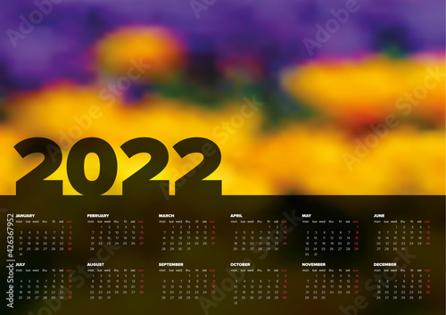 Dark calendar template for the year 2022