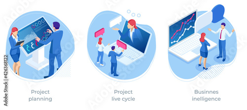 Isometric Concept of business assistance. Interactive Information Kiosk, Advertising Display, Terminal Stand. Project planning, Project live cycle, Businnes inelligence