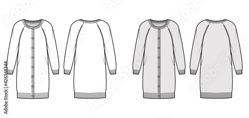 Dress Round neck cardigan sweater technical fashion illustration with long raglan sleeves  oversized body  knit rib cuff. Flat jumper front  back  white grey color style. Women  men unisex CAD mockup