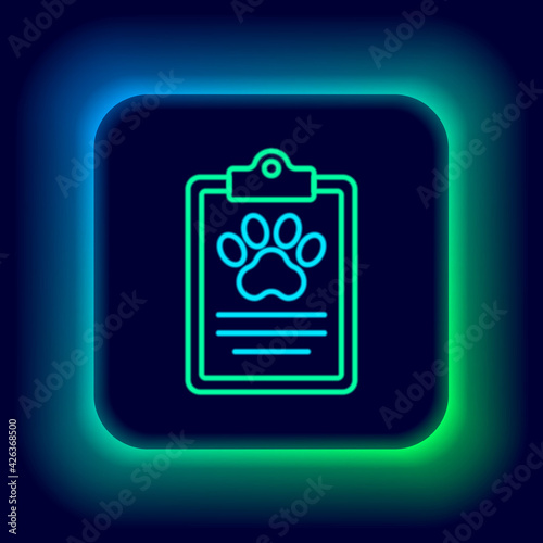 Glowing neon line Clipboard with medical clinical record pet icon isolated on black background. Health insurance form. Medical check marks report. Colorful outline concept. Vector