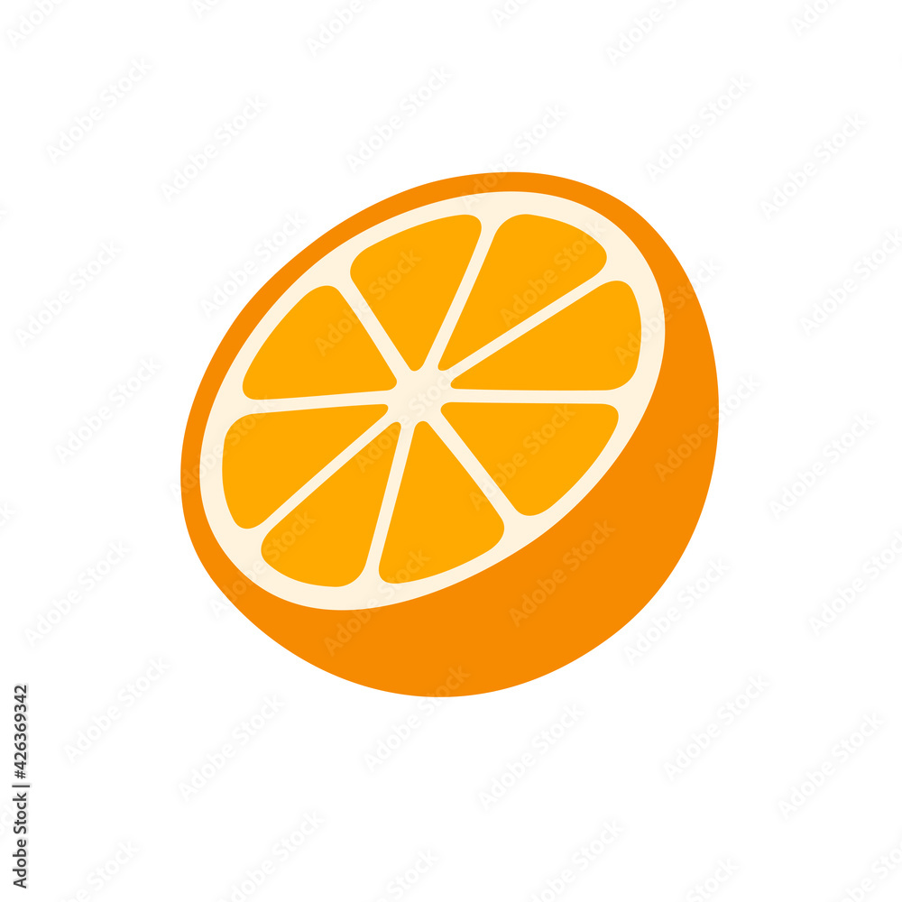 Summer refreshing fruit oranges are cut in half separately on white background.