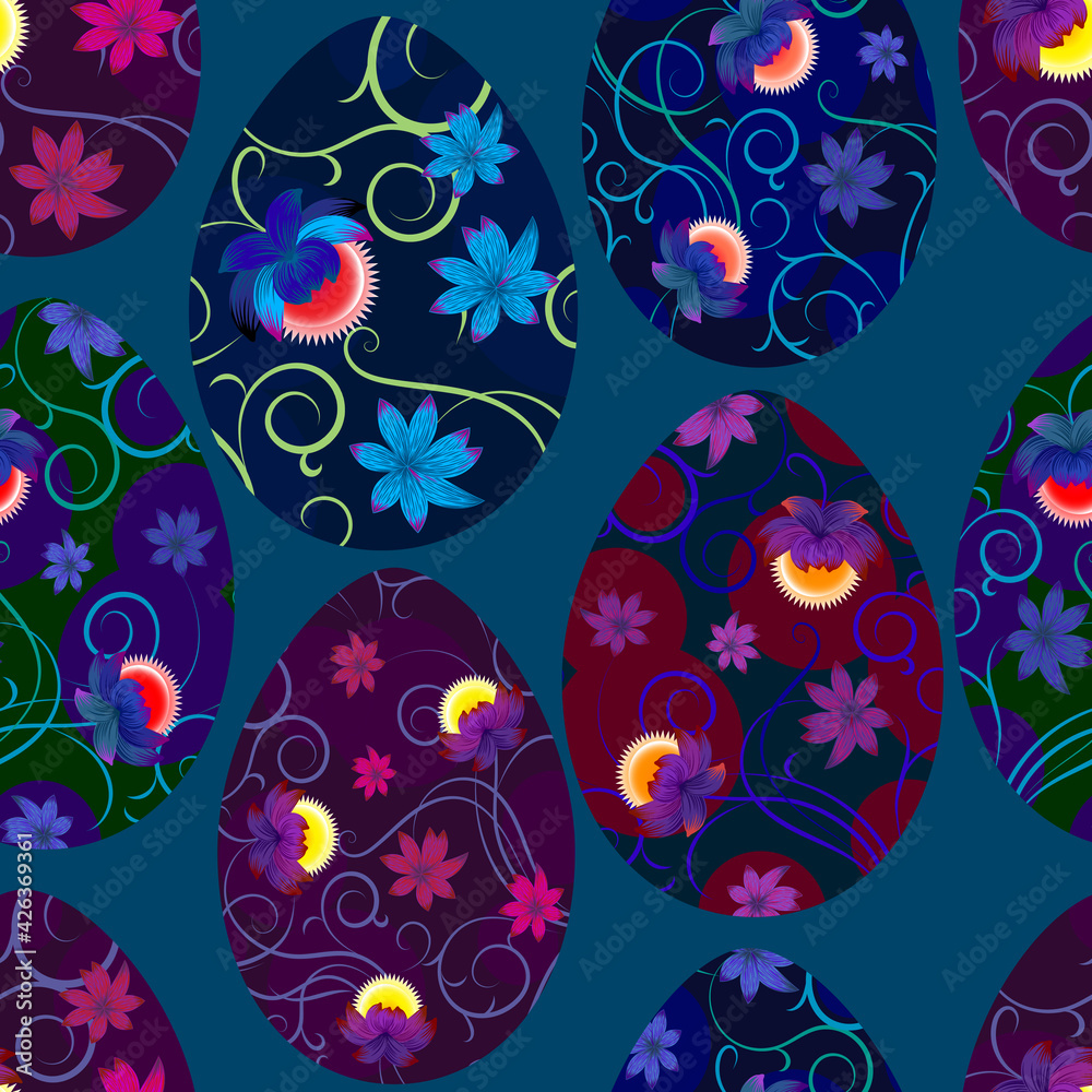 Obraz premium Easter eggs with stylized flowers. Color vector seamless pattern