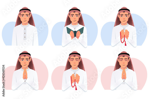 Muslim Man set Wearing White Thobe Dress and Kaffiyeh Reading Quran, Praying with pearls, smiling Vector illustration.