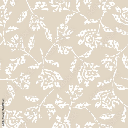Brown Botanical Tropical Floral Seamless Pattern with dotted Background