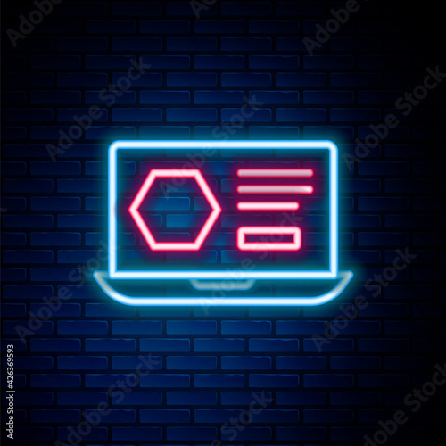 Glowing neon line Honey online service or platform icon isolated on brick wall background. Countryside organic product. Online shop. Colorful outline concept. Vector