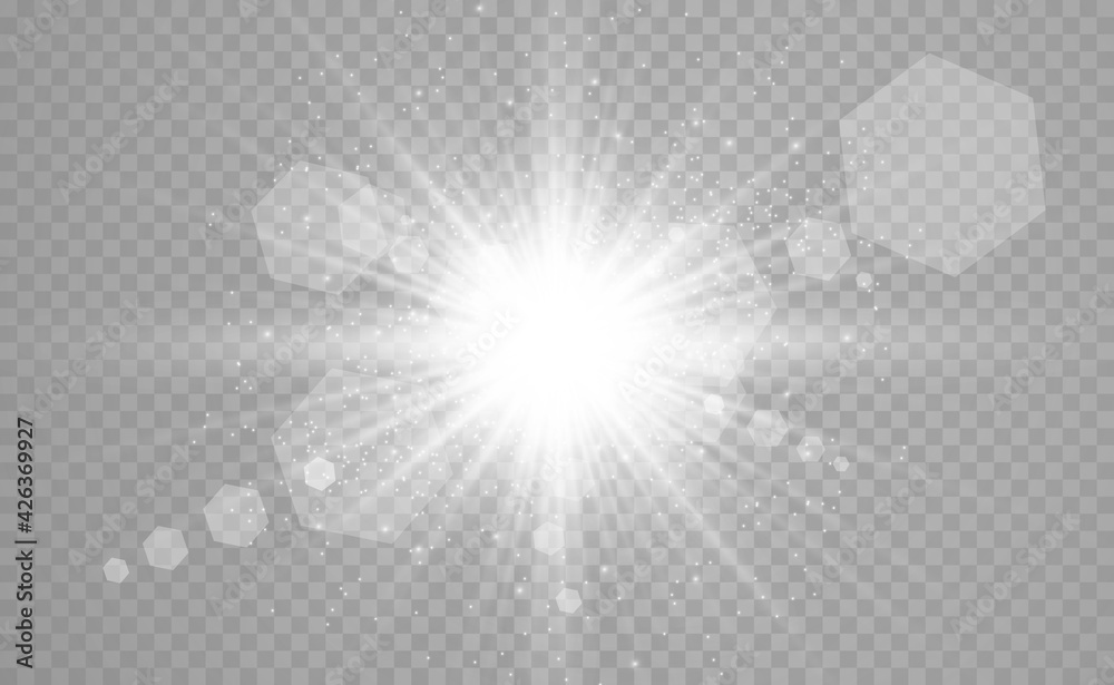 Special lens flash, light effect. The flash flashes rays and searchlight. illust.White glowing light. Beautiful star Light from the rays. The sun is backlit. Bright beautiful star. Sunlight. Glare. Special lens flash, light effect. The flash flashes rays and searchlight. illust.White glowing light. Beautiful star Light from the rays. The sun is backlit. Bright beautiful star. Sunlight. Glare.