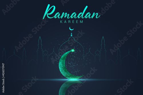Ramadan Kareem Green Chrystal Moon With Background Mosque Premium Vector