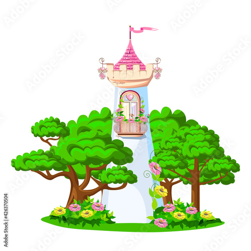 Fairy tale background with the castle of the beautiful princess. Castle with pink flags, precious hearts, roofs, towers and gates in a beautiful landscape. Vector illustration for a fairy tale.