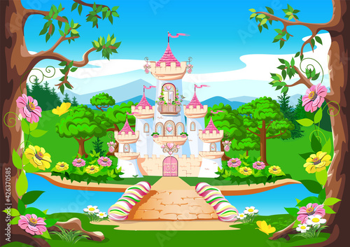Fairy tale background with the castle of the beautiful princess. Castle with pink flags, precious hearts, roofs, towers and gates in a beautiful landscape. Vector illustration for a fairy tale.