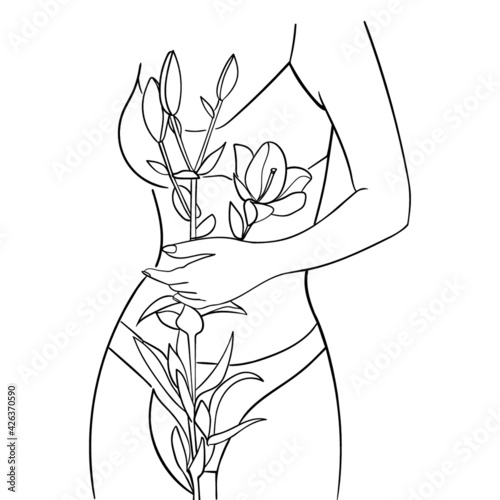 Beautiful woman body with lily flower, line Art. Concept of body care. - Vector illustration