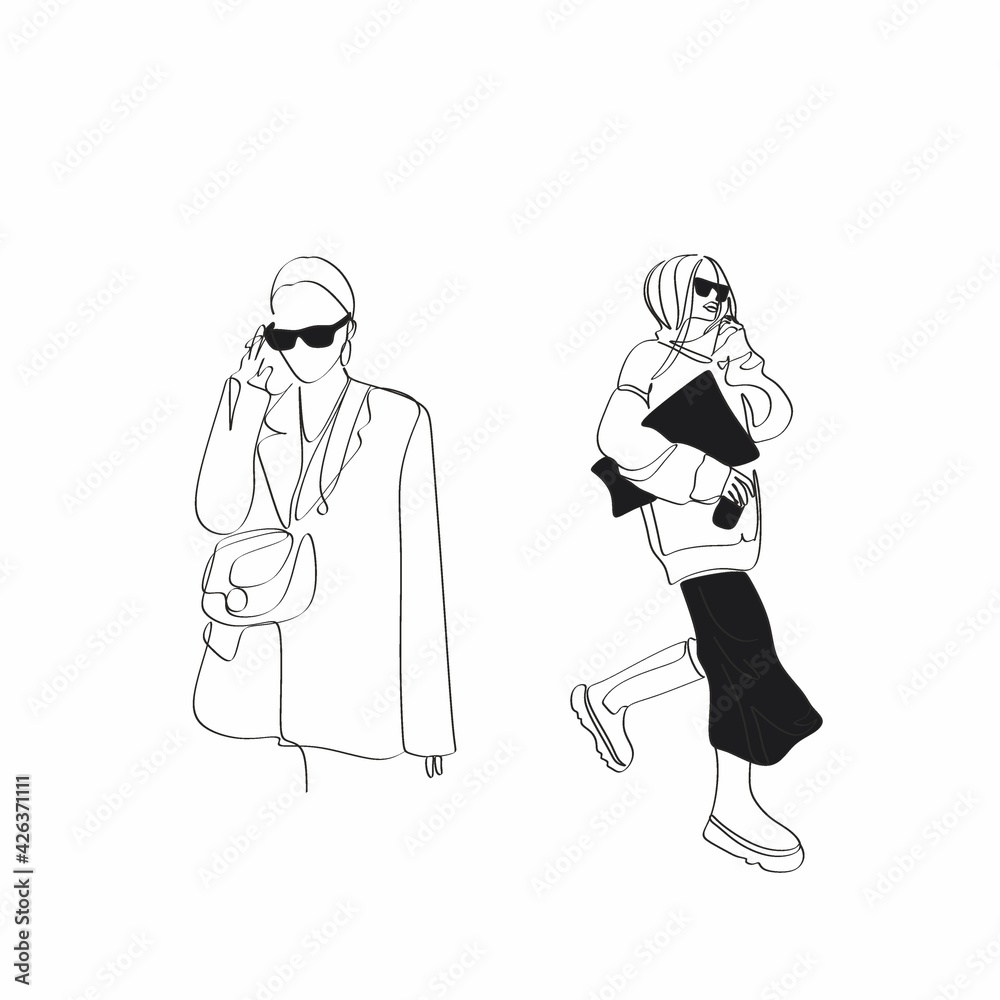 Fototapeta premium Fashion model concept, woman beauty minimalist, vector illustration. Luxury shop logo. Line art drawing woman