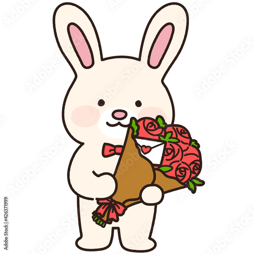 Adorable white bunny with a bouquet of red roses outlined
